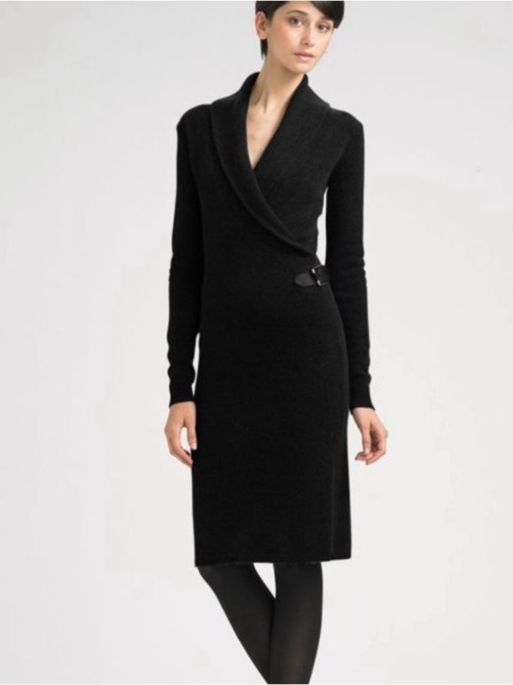 Ralph Lauren Black Label Cashmere Long Sleeve Dress with Leather Accent